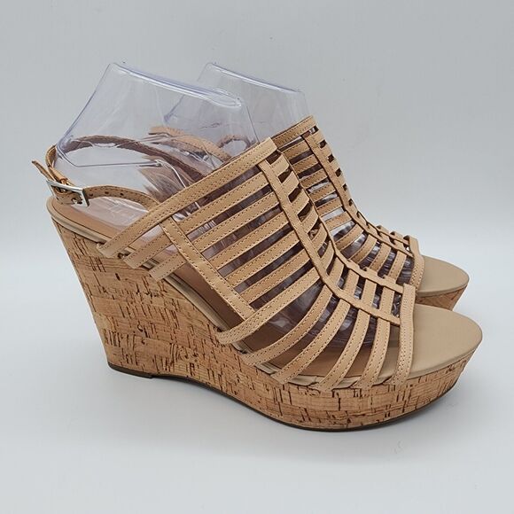 Franco Sarto Strappy Leather Wedge Sandals Size 10M Beige Cork Heels Beach Boho - Picture 1 of 14
